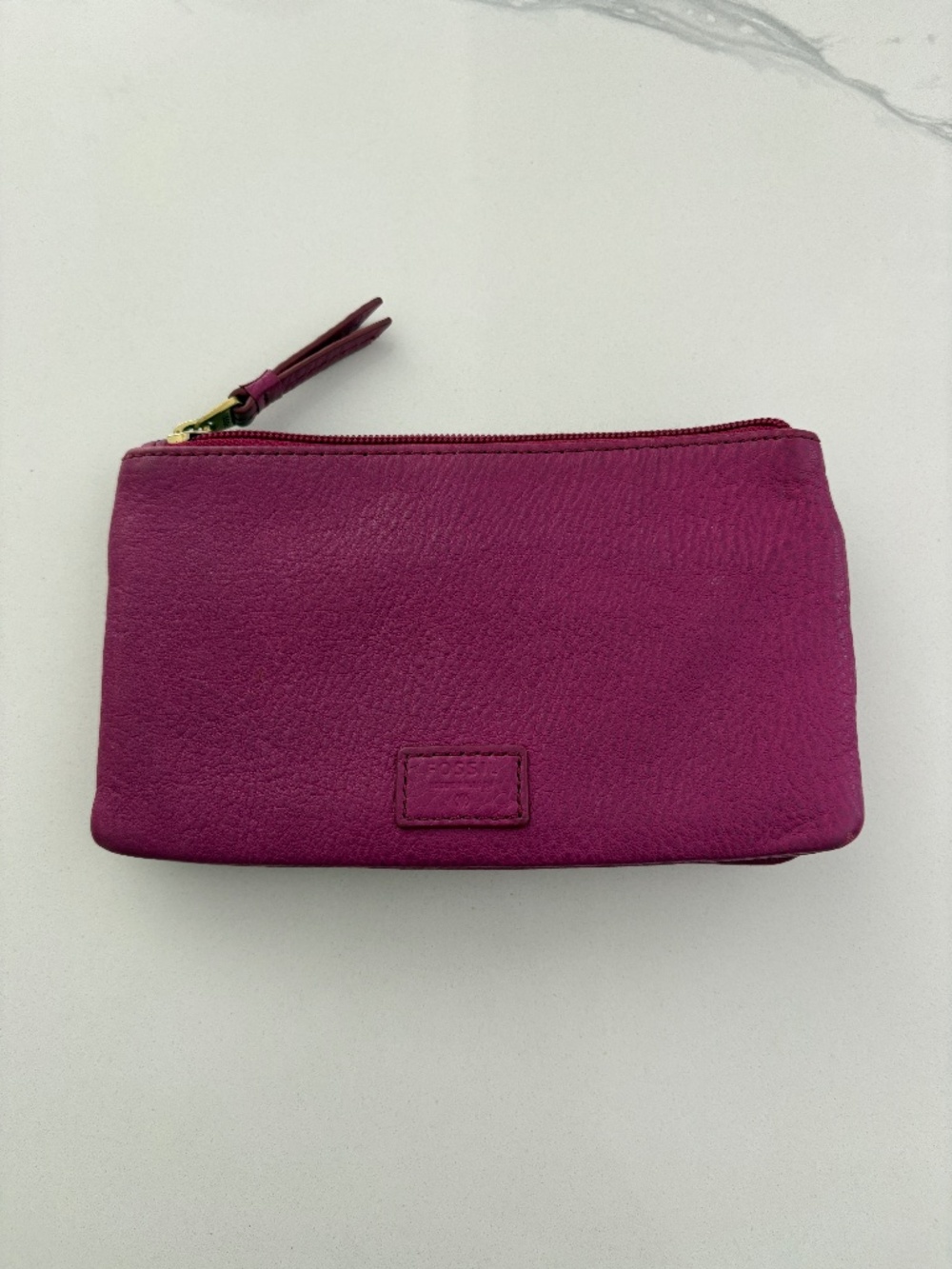 Fossil Erin Pebbled Leather Wallet Fuchsia Pink Zip Clutch EUC